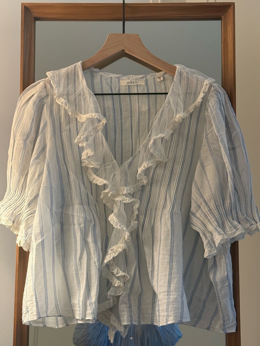 Doen Henri Stripe Ruffled V-Neck Blouse